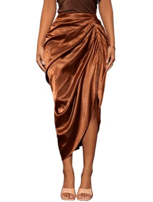 SheIn Women's Fold Pleated Asymmetrical Split Thigh High Waist Midi Ruched Skirt