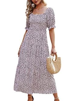 Angashion Women Square Neck Dress Solid Short Puff Sleeve Smocked Waist Knee Length Ruffle Summer Midi Dresses