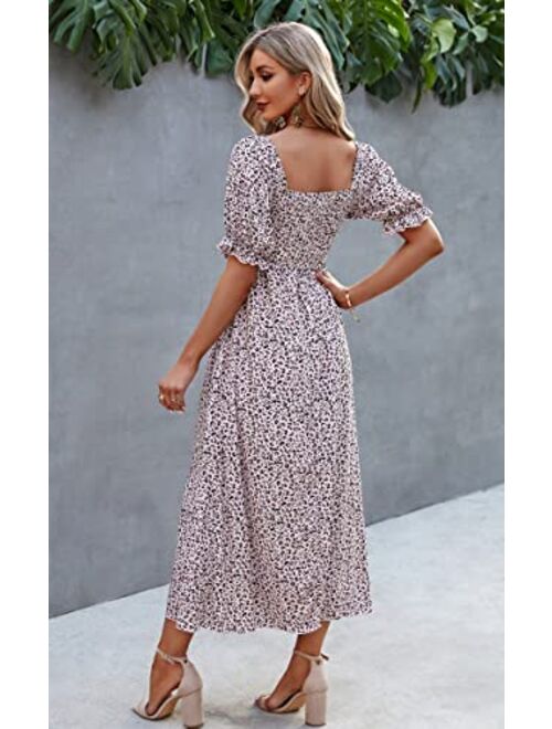 Angashion Women Square Neck Dress Solid Short Puff Sleeve Smocked Waist Knee Length Ruffle Summer Midi Dresses