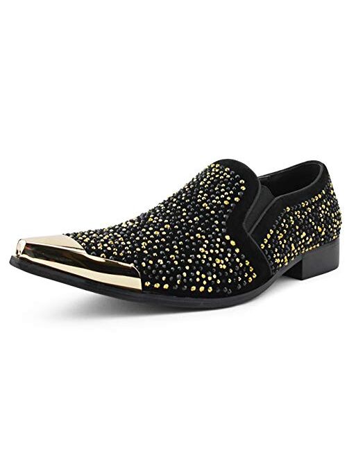 Bolano x Amali Dezzy - Men's Dress Shoes, Sparkling Loafers for Men - Rhinestones, Crystals, Metallic Tip Smoking Slippers - The Original, Designer Shoes - Size UP