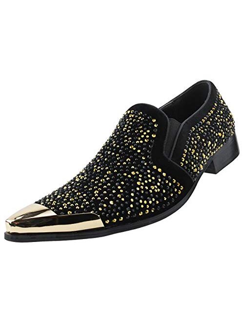 Bolano x Amali Dezzy - Men's Dress Shoes, Sparkling Loafers for Men - Rhinestones, Crystals, Metallic Tip Smoking Slippers - The Original, Designer Shoes - Size UP