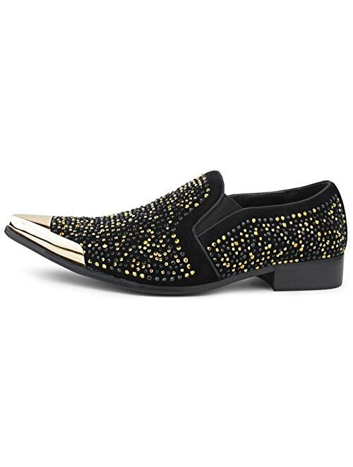 Bolano x Amali Dezzy - Men's Dress Shoes, Sparkling Loafers for Men - Rhinestones, Crystals, Metallic Tip Smoking Slippers - The Original, Designer Shoes - Size UP