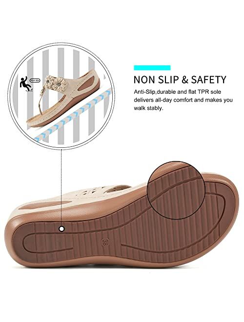 Fudynmalc Womens Wedge Flip Flops Sandals with Arch Support Summer Comfortable Platform Bohemia Flat Shoes Massage Function Casual Thong Sandal