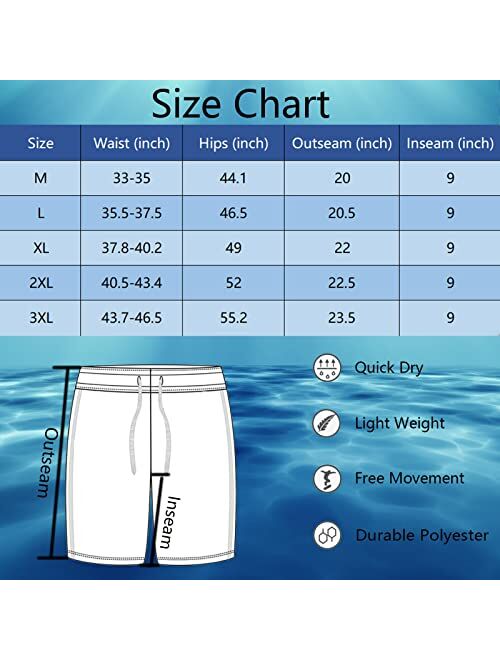 feelacle Mens Swim Trunks 9" Inseam Board Shorts Beach Swimwear Bathing Suit with Compression Lined and Pockets