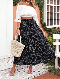 Women's Bohemian Floral Printed Elastic Waist A Line Maxi Skirt with Pockets