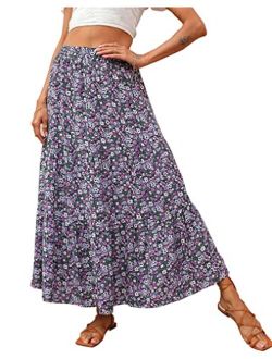KIRUNDO Summer Women's High Waist Boho Floral Print Pleated Maxi Skirt Casual Flowy Swing A Line Chiffon Beach Long Skirts