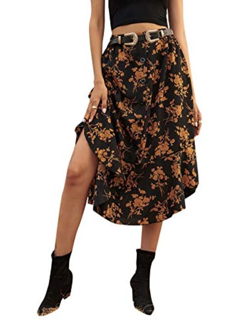 SheIn Women's Floral Print Button Front Ruffle Hem High Waist A Line Midi Skirts