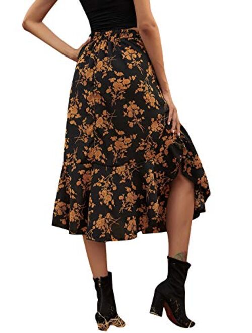 SheIn Women's Floral Print Button Front Ruffle Hem High Waist A Line Midi Skirts