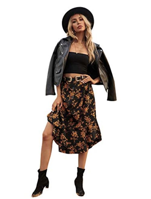 SheIn Women's Floral Print Button Front Ruffle Hem High Waist A Line Midi Skirts