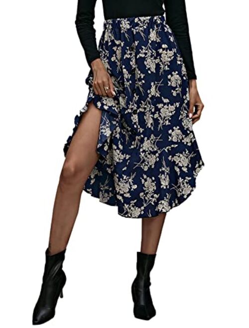 SheIn Women's Floral Print Button Front Ruffle Hem High Waist A Line Midi Skirts