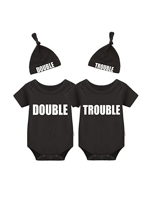 YSCULBUTOL Baby Twins Bodysuits Funny Double Trouble Cute Romper Twin Jumpsuits Hat Set