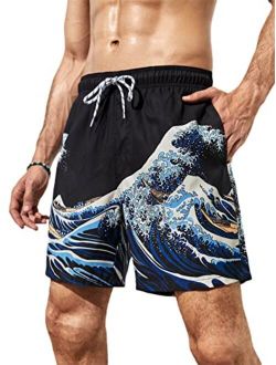Men's Wave Print Swim Trunks Drawstring Waist Beach Shorts with Pocket Swimwear