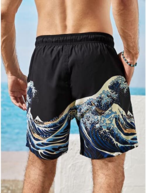 Milumia Men's Wave Print Swim Trunks Drawstring Waist Beach Shorts with Pocket Swimwear