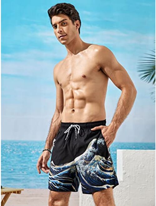 Milumia Men's Wave Print Swim Trunks Drawstring Waist Beach Shorts with Pocket Swimwear