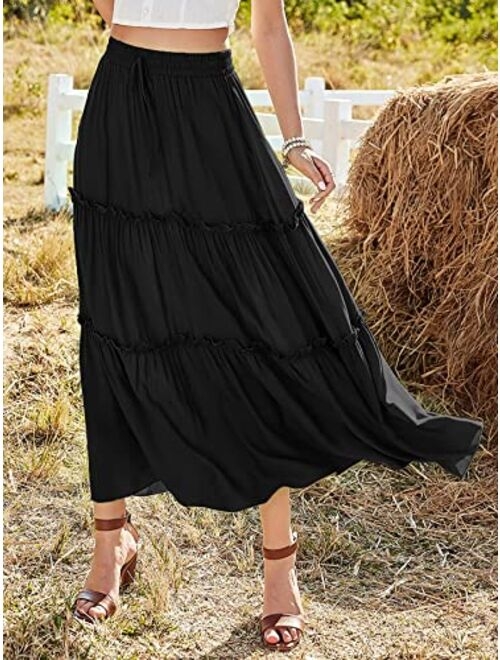 Avanova Women's Elastic High Waist A Line Layer Ruffle Swing Beach Casual Maxi Skirt