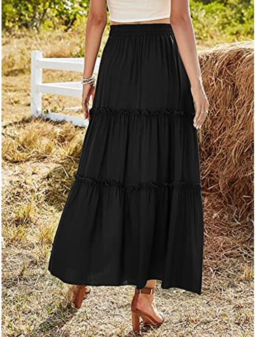Avanova Women's Elastic High Waist A Line Layer Ruffle Swing Beach Casual Maxi Skirt