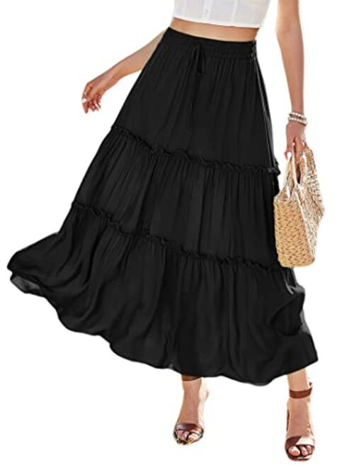 Avanova Women's Elastic High Waist A Line Layer Ruffle Swing Beach Casual Maxi Skirt