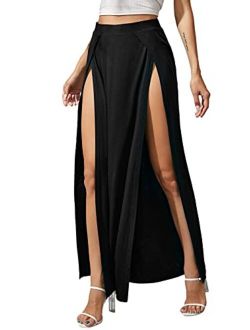 Women's Elastic Waist High Split Wrap Flowy Long Maxi Skirt