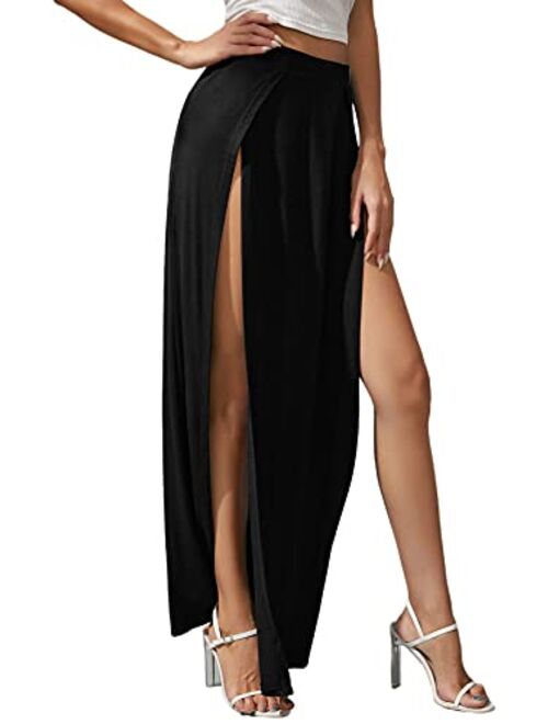 Verdusa Women's Elastic Waist High Split Wrap Flowy Long Maxi Skirt
