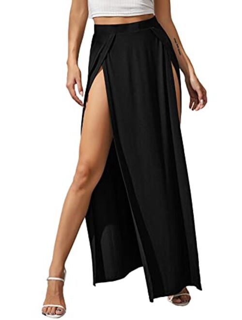 Verdusa Women's Elastic Waist High Split Wrap Flowy Long Maxi Skirt