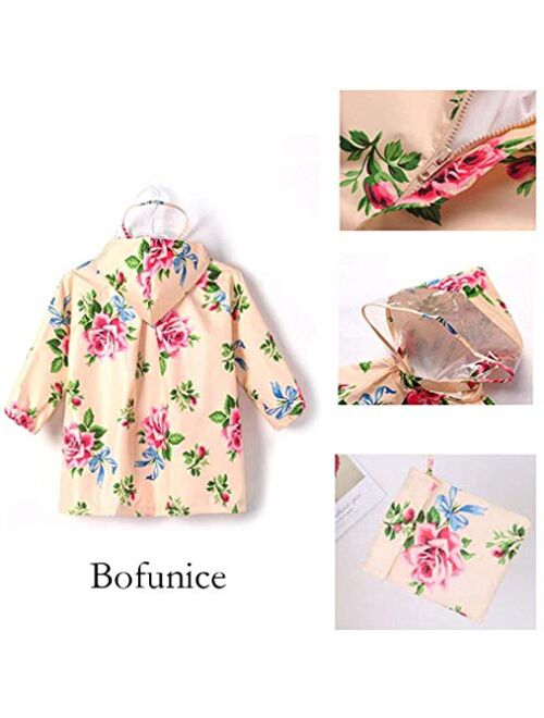 Bofunice Kids-Raincoat Girls Rainwear Rain-Jacket Toddler Boys Waterproof Lightweight Peony Print Hooded Poncho Rain Jacket