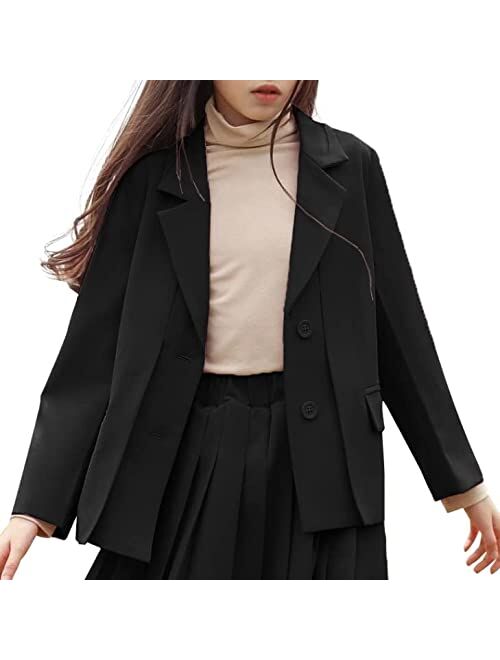 Fashare Girls Casual Blazers Jackets Long Sleeve Open Front Button Down Notched Lapel Collar Pockets Suit Coats Outerwear