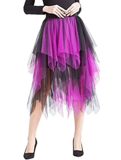 LBKKC Women's Tulle Skirt Formal High Low Asymmetrical Midi Tea-Length Elastic Waist Tutu Skirts