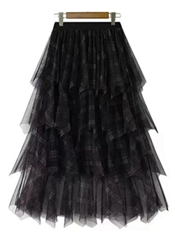 LBKKC Women's Tulle Skirt Formal High Low Asymmetrical Midi Tea-Length Elastic Waist Tutu Skirts
