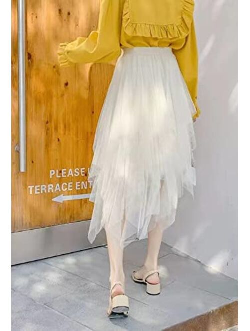 LBKKC Women's Tulle Skirt Formal High Low Asymmetrical Midi Tea-Length Elastic Waist Tutu Skirts