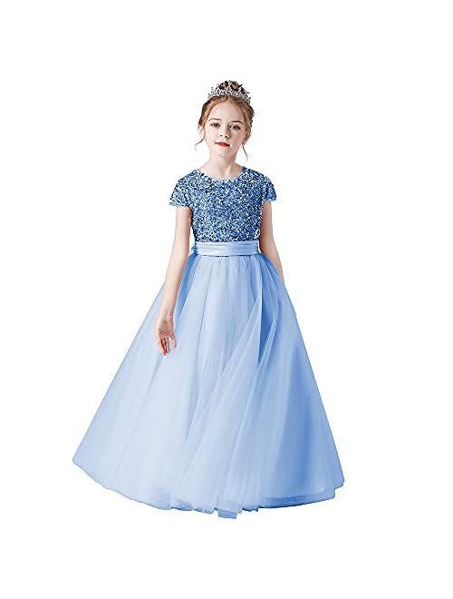 Dideyttawl Flower Girl Dresses Wedding Bridesmaid Sequins Tulle Puffy Skirt Girls Birthday Party Pageant Gown Floor Length
