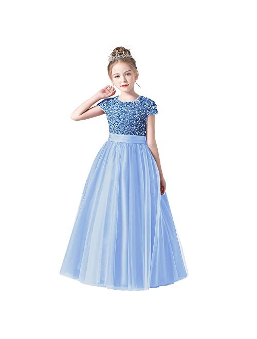 Dideyttawl Flower Girl Dresses Wedding Bridesmaid Sequins Tulle Puffy Skirt Girls Birthday Party Pageant Gown Floor Length