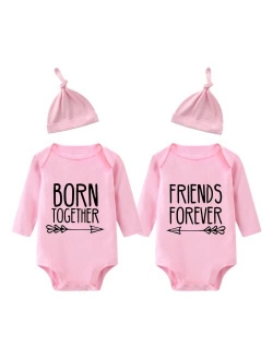 YSCULBUTOL Baby Twins Bodysuits Best Friends Forever Baby Clothes Set with Bibs Girl Outfit with hat