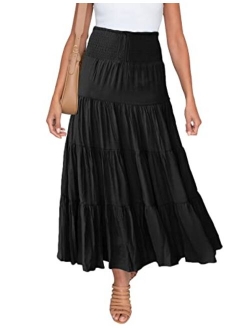 HAEOF Women's Summer Elastic High Waist Boho Maxi Skirt Casual Drawstring A Line Long Skirt