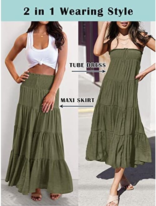 HAEOF Women's Summer Elastic High Waist Boho Maxi Skirt Casual Drawstring A Line Long Skirt