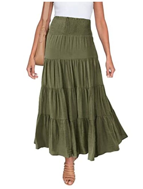 HAEOF Women's Summer Elastic High Waist Boho Maxi Skirt Casual Drawstring A Line Long Skirt