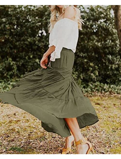 HAEOF Women's Summer Elastic High Waist Boho Maxi Skirt Casual Drawstring A Line Long Skirt