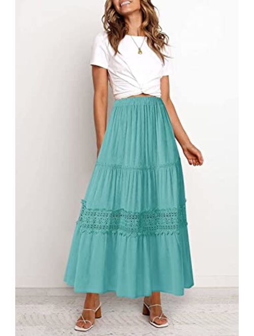 MEROKEETY Women's Boho Elastic High Waist Pleated A-line Ruffle Lace Trim Tiered Midi Maxi Skirt with Pockets