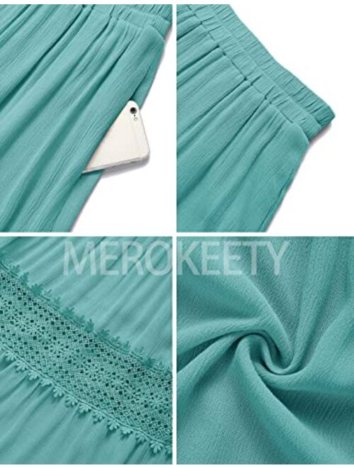 MEROKEETY Women's Boho Elastic High Waist Pleated A-line Ruffle Lace Trim Tiered Midi Maxi Skirt with Pockets