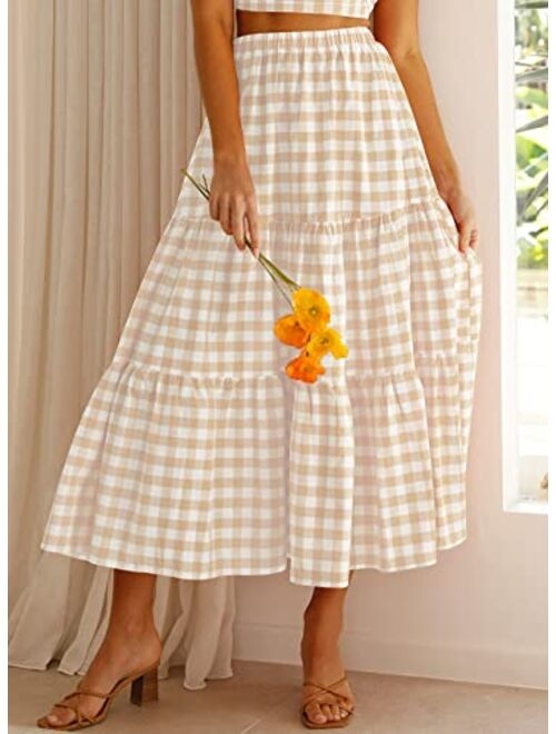ZESICA Women's Summer Plaid Elastic High Waist Flowy A Line Maxi Skirt with Pockets