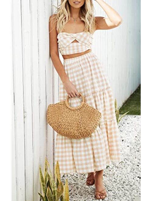 ZESICA Women's Summer Plaid Elastic High Waist Flowy A Line Maxi Skirt with Pockets
