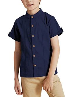 Ryannology Boys Toddler Short Sleeve Button Down Shirt Linen Summer Dress Shirt Kids Casual T Shirts Tee Cotton Collar Tops