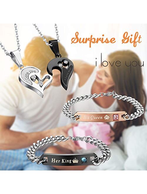 Jstyle 4Pcs Couple Necklace Bracelets Matching Set for Women Men Love Heart Pendant Necklace His & Hers Bracelets Couple Gift