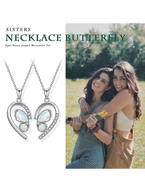 DIYA Sister Necklaces Necklaces for 2 Sterling Silver Heart Butterfly Moissanite Necklace with Opal Twin Sorority Heart Halves Matching, Sister Necklace Set Birthday Jewe