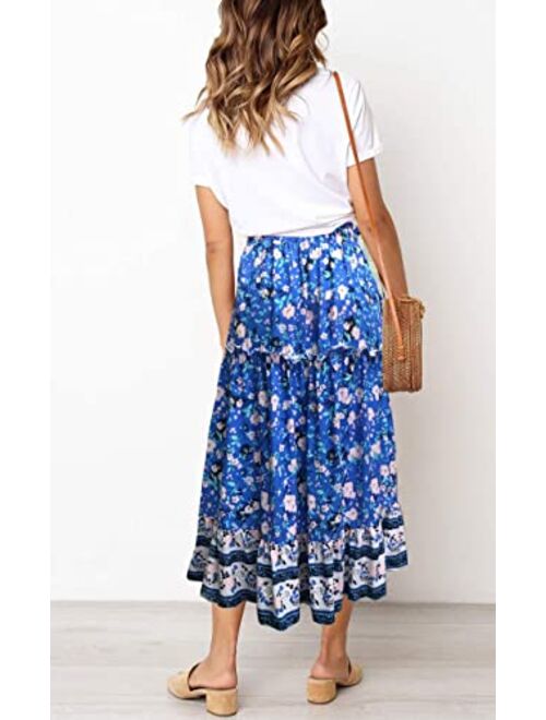 SimpleFun Women's Skirts Boho Floral Printed Elastic High Waist A Line Maxi Skirt with Pockets