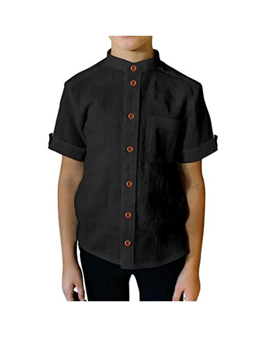 Bbalizko Boys Cotton Linen Short Sleeve Mandarin Collar Shirt Button Down Woven Solid T Shirt