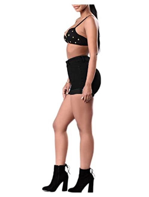 Romastory Women's High Waisted Summer Elastic Jean Shorts Folded Hem Hot Denim Shorts for Women