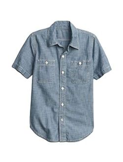 Fommykin Boy's Denim Shirt Beach Short Sleeve Button Down Denim Tops Plain Summer Casual Cowboy Snap T-Shirt