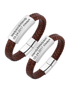 Mzzj Jewelry MZZJ Personalized His and Hers Couple Relationship Matching Bracelets Set Handmade Braided Genuine Leather Bracelet Brushed 18K Gold Plated Stainless Steel I