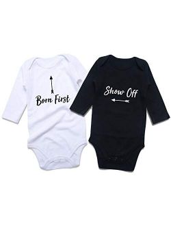 DEFAHN Twins Infant Baby Boy Girl Bodysuit, 2Pcs Unisex Funny Letter One-Piece Jumpsuit Clothes Outfits