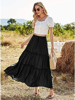Women's Midi Skirt Elastic Waist Floral Ruffle Swing Tiered Polka Dot Long Skirt Maxi Peasant Skirts with Pockets